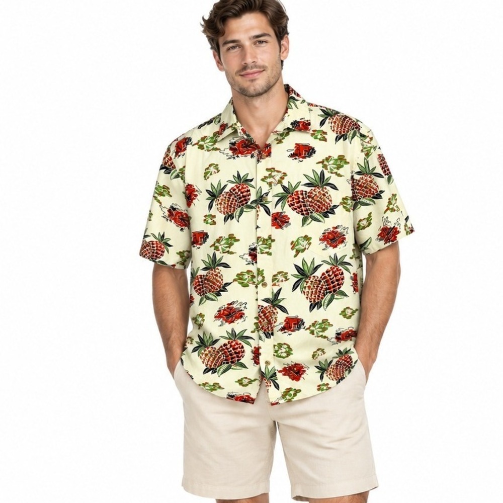 Cooke Street Hawaiian Shirt Cream Pineapple Tropical Aloha Short Sleeve | M